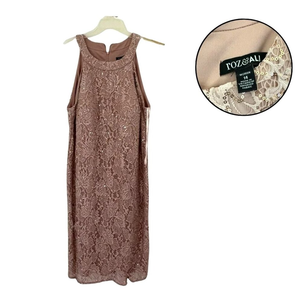 Roz & Ali Taupe Lace Sequin Sheath Dress Size 14